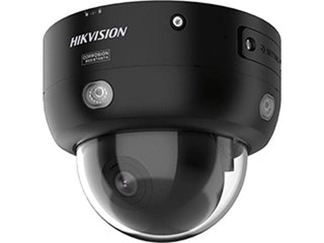 Zwarte Hikvision 4MP AcuSense PTRZ dome camera met actieve afschrikking en robuuste behuizing.