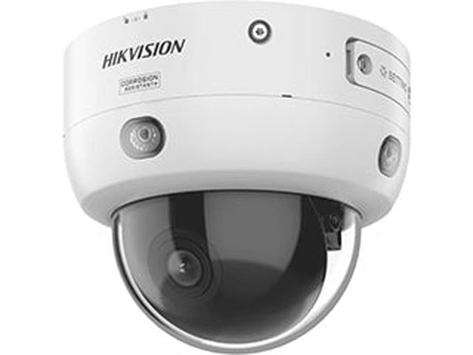 Witte Hikvision 4MP dome IP-camera met motorlens, pan/tilt-functie en actieve afschrikking voor buiten.