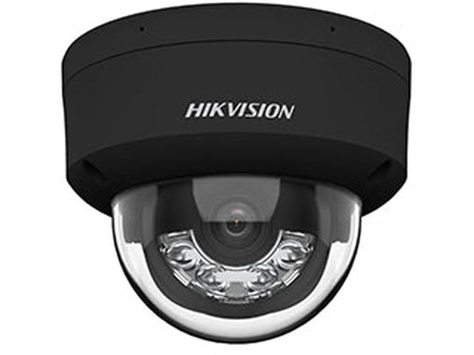 Zwarte Hikvision 8MP ColorVu dome camera met 2.8mm lens en actieve afschrikking in een compact design.