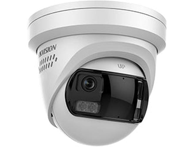Witte Hikvision 6MP panorama dome beveiligingscamera met 180° lens en actieve afschrikking.
