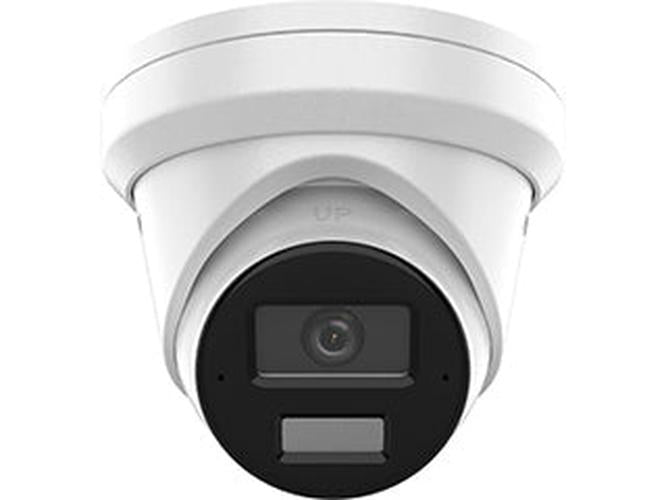 Witte Hikvision 4MP AcuSense turret beveiligingscamera met 2.8mm lens en compact rond design voor buitenmontage.