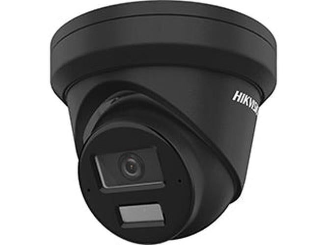 Zwarte Hikvision 4MP AcuSense turret beveiligingscamera met 2.8mm lens en IR-nachtzicht voor buiten.