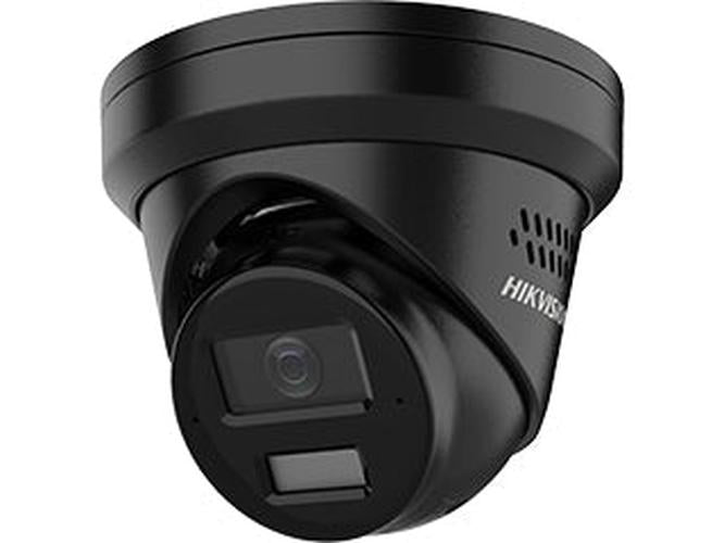 Zwarte Hikvision 4MP AcuSense turret beveiligingscamera met 4mm lens en compact design voor buiten.