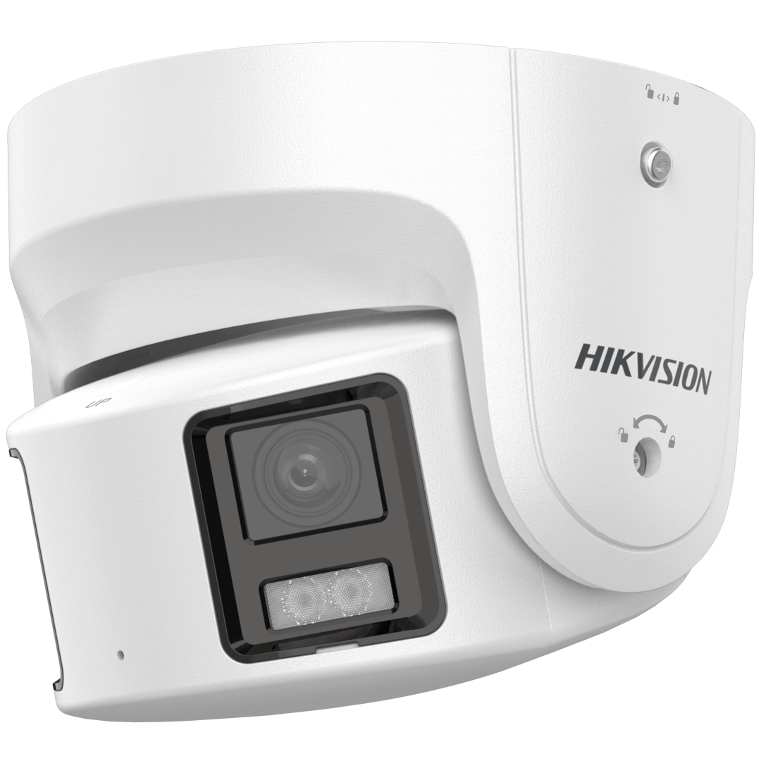 Witte Hikvision 4MP ColorVu panoramische turret dome IP-camera met 180° lens en stroboscoop voor buitenbeveiliging.