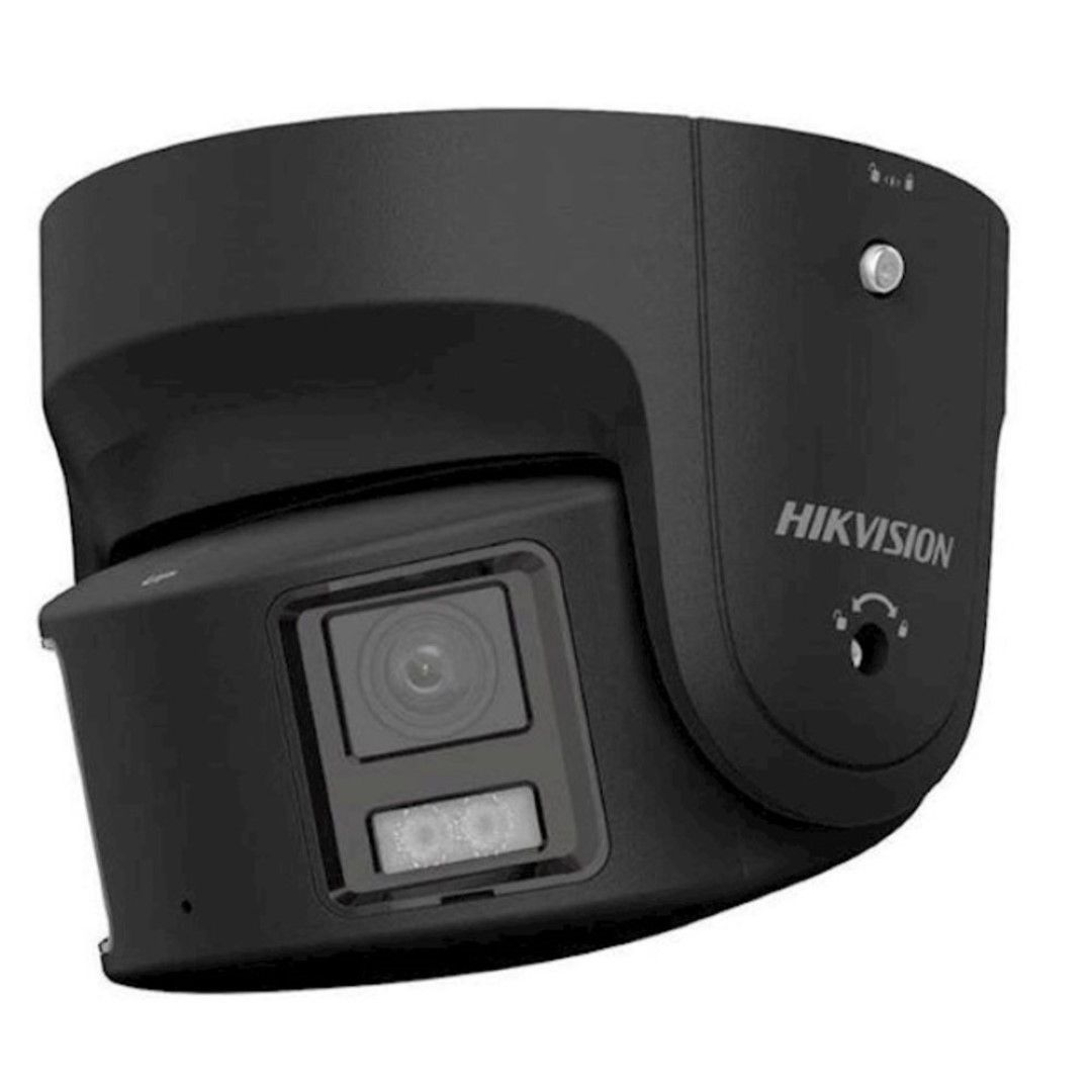Zwarte Hikvision 8MP panoramische turret dome camera met ColorVu-lens en ingebouwde stroboscoop voor actieve beveiliging.