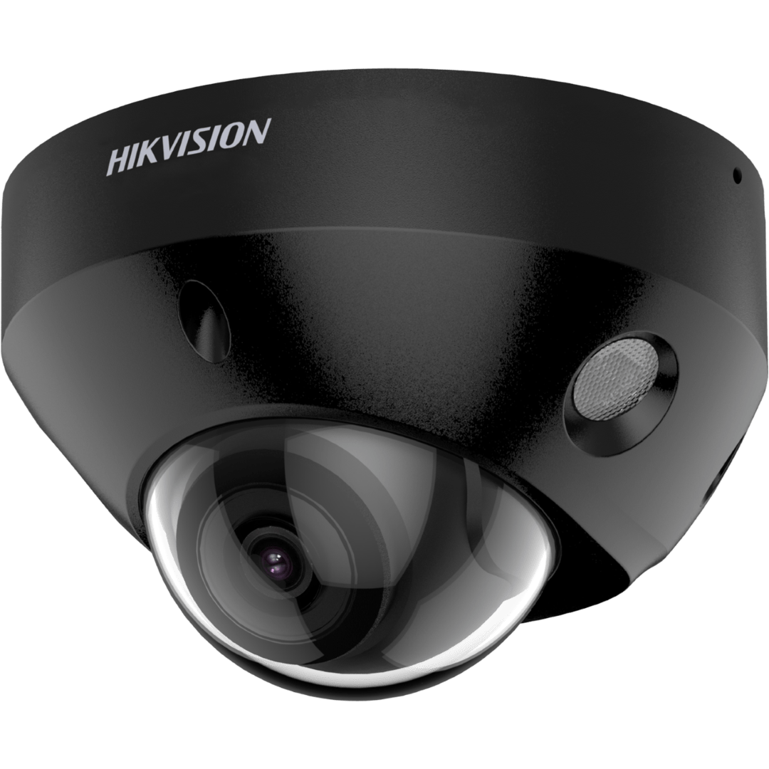 Zwarte Hikvision 8MP AcuSense dome camera met strak, laagbouwend design en heldere lenskap.