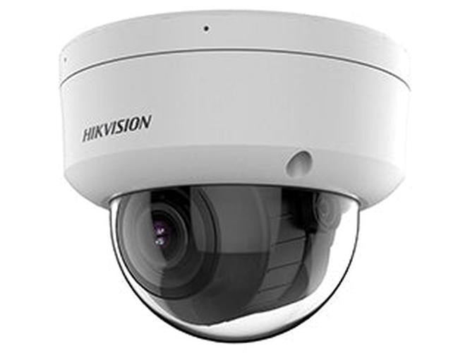 Witte Hikvision 8MP AcuSense dome camera met varifocale lens en robuuste IP67/IK10 behuizing.