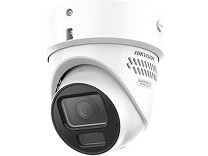 Witte Hikvision AcuSense dome camera met 2.8-12mm lens en actieve afschrikking in een robuuste IP66 behuizing.