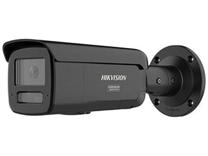Zwarte Hikvision 12MP ColorVu bulletcamera met corrosiebestendige behuizing en actieve afschrikking.