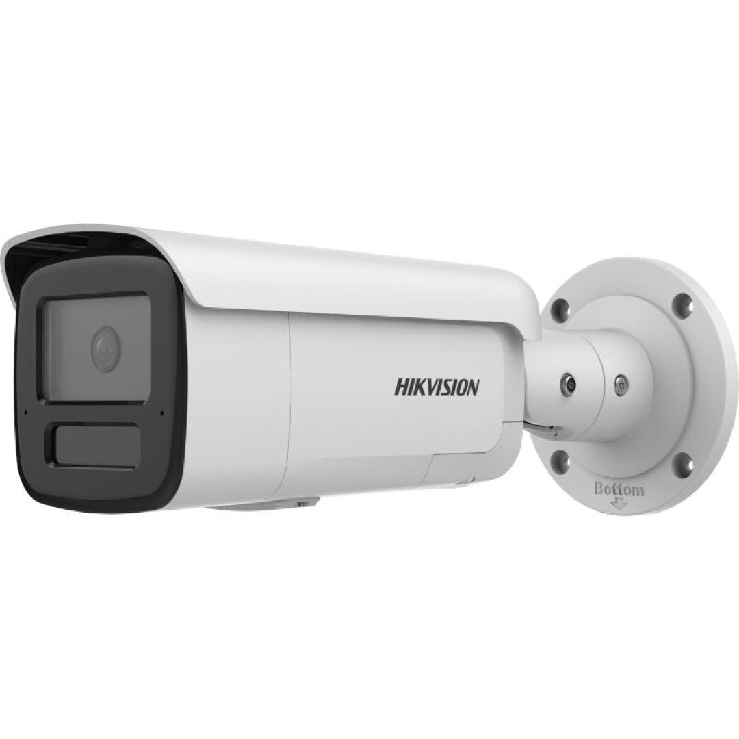 Witte Hikvision 4MP bullet beveiligingscamera met AcuSense AI en ingebouwde actieve afschrikking.