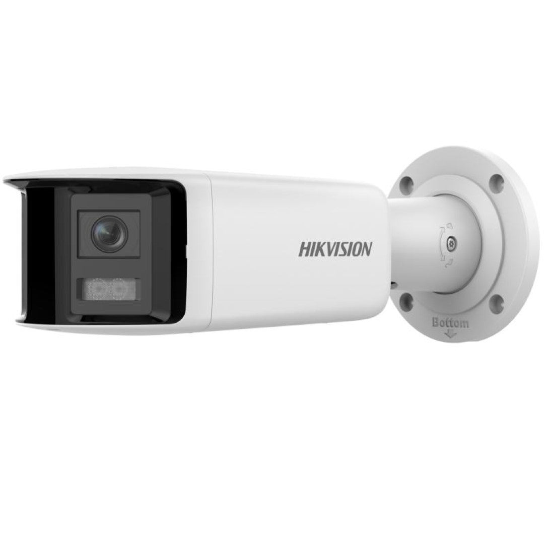 Witte Hikvision panoramische bullet IP-camera met 180° lens, stroboscoop en muurbevestiging voor buitenbewaking.