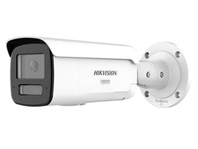 Witte Hikvision 4MP ColorVu bulletcamera met varifocale lens en actieve afschrikking voor buiten.