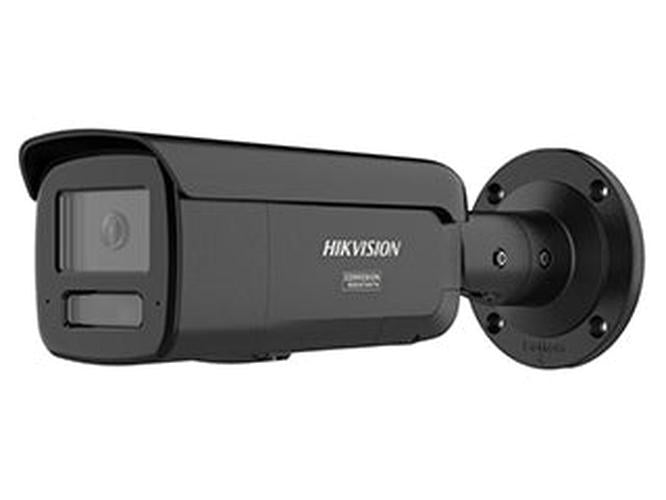 Zwarte Hikvision 4MP ColorVu bulletcamera met varifocale lens en actieve afschrikking voor buiten.