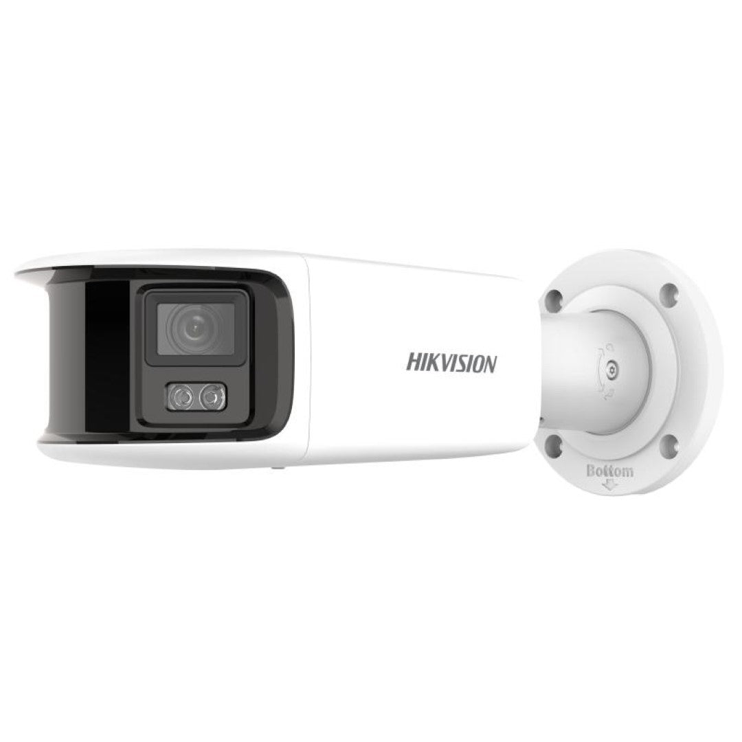 Witte Hikvision panoramische ColorVu bullet camera met dubbele lens en geïntegreerde muurbevestiging.
