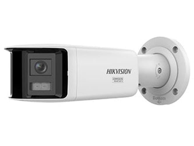 Witte Hikvision 8MP ColorVu bullet camera voor buiten met stroboscoop en geïntegreerde muurbeugel.