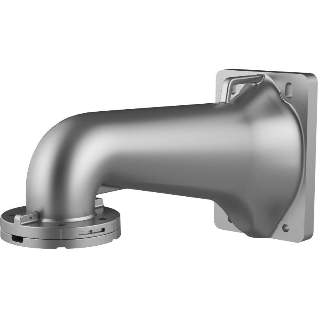 Grijze aluminium muurbeugel van Hikvision voor zware beveiligingscamera's met een robuust gebogen ontwerp.