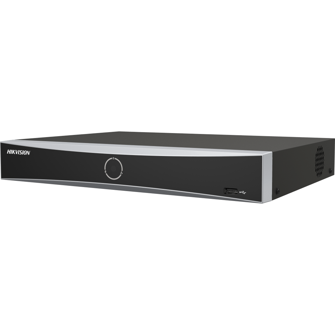 Zwarte Hikvision DS-7604NXI-K1 4-kanaals NVR met zilverkleurige rand en USB-poort aan de voorzijde.