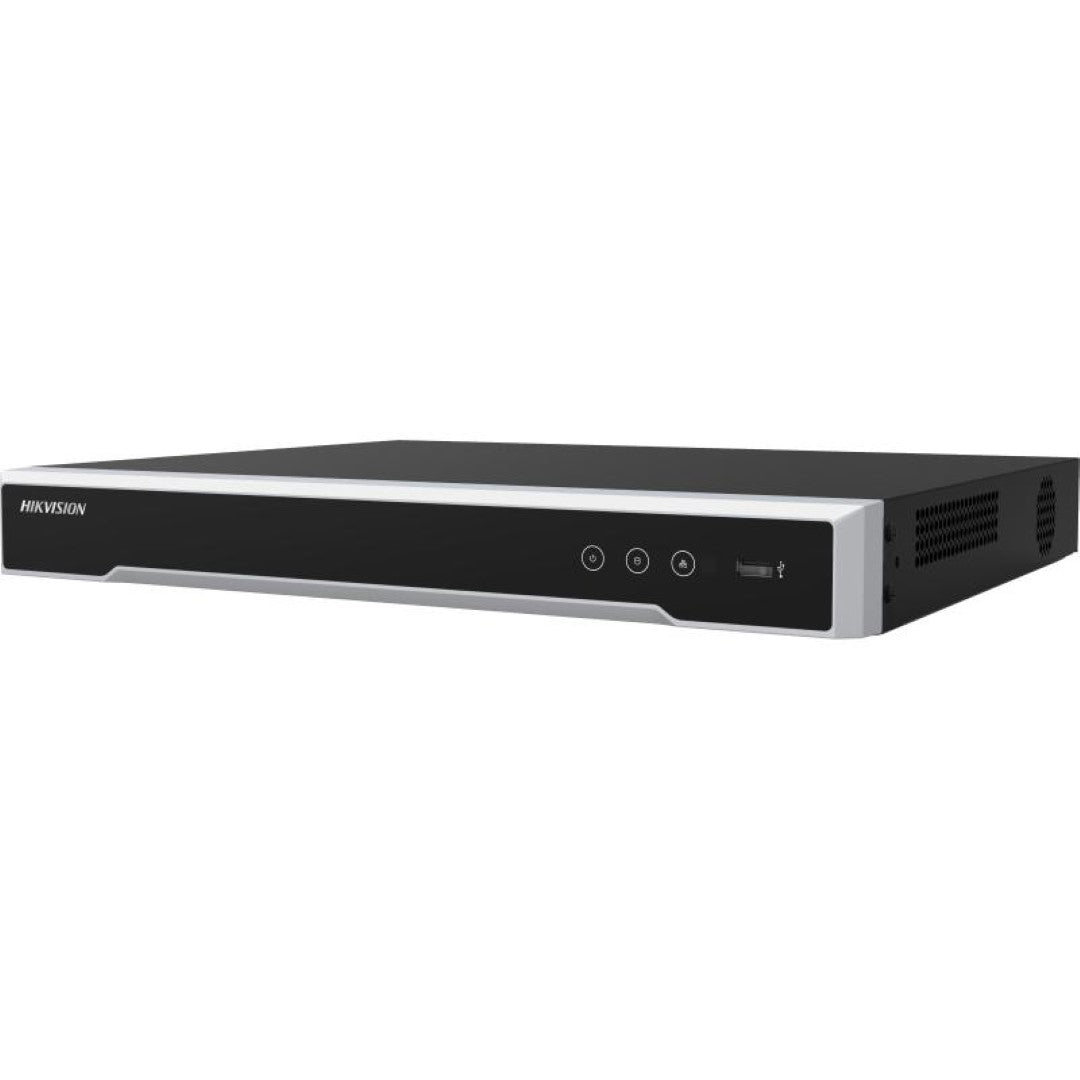 Zwarte Hikvision 8-kanaals Ultra NVR met zilverkleurige voorzijde, statuslampjes en USB-poort.