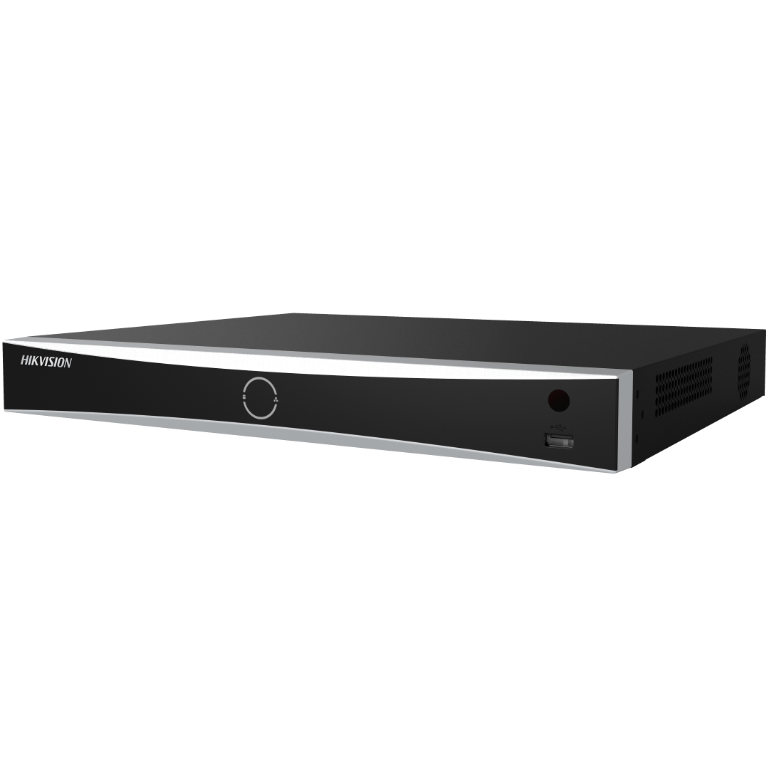 Zwarte Hikvision 8-kanaals AcuSense Vpro NVR met strak design en USB-poort aan de voorzijde.