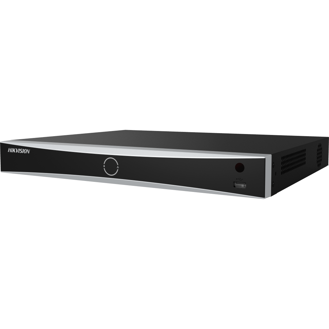 Zwarte Hikvision 16-kanaals AcuSense NVR met strak metalen design, USB-poort en statusindicatoren aan de voorzijde.