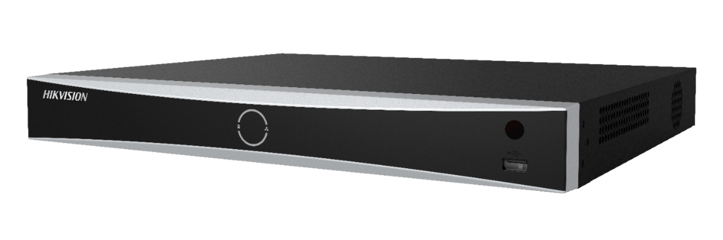 Zwarte Hikvision 16-kanaals AcuSense NVR met strak design, USB-poort en zilverkleurige voorzijde.
