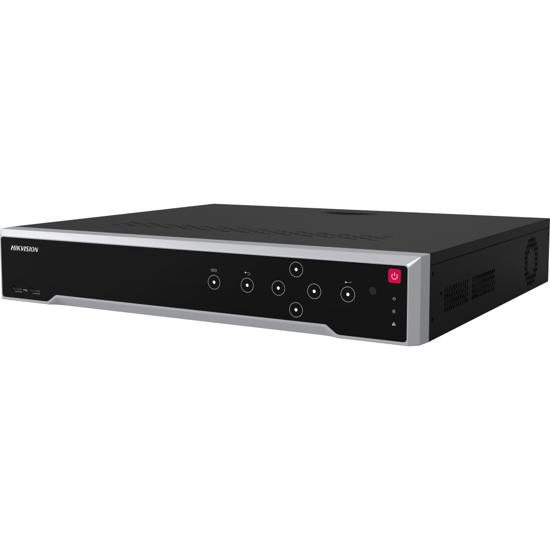 Zwarte Hikvision 32-kanaals Ultra NVR met zilveren rand, bedieningspaneel en USB-poort aan de voorzijde.