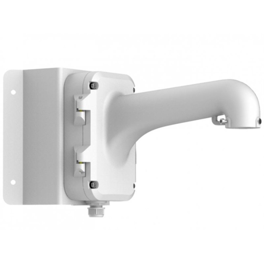 Witte Hikvision DS-1604ZJ-Corner hoekmontagebeugel van aluminium en staal voor veilige speed dome installatie.