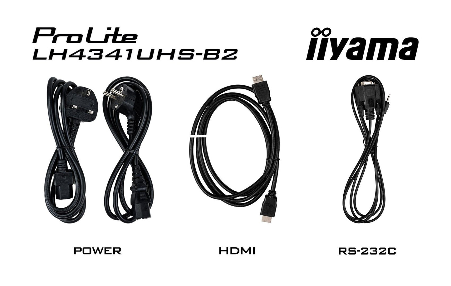 Iiyama ProLite LH4341UHS-B2 meegeleverde zwarte stroom-, HDMI- en RS-232C-kabels op een witte achtergrond.