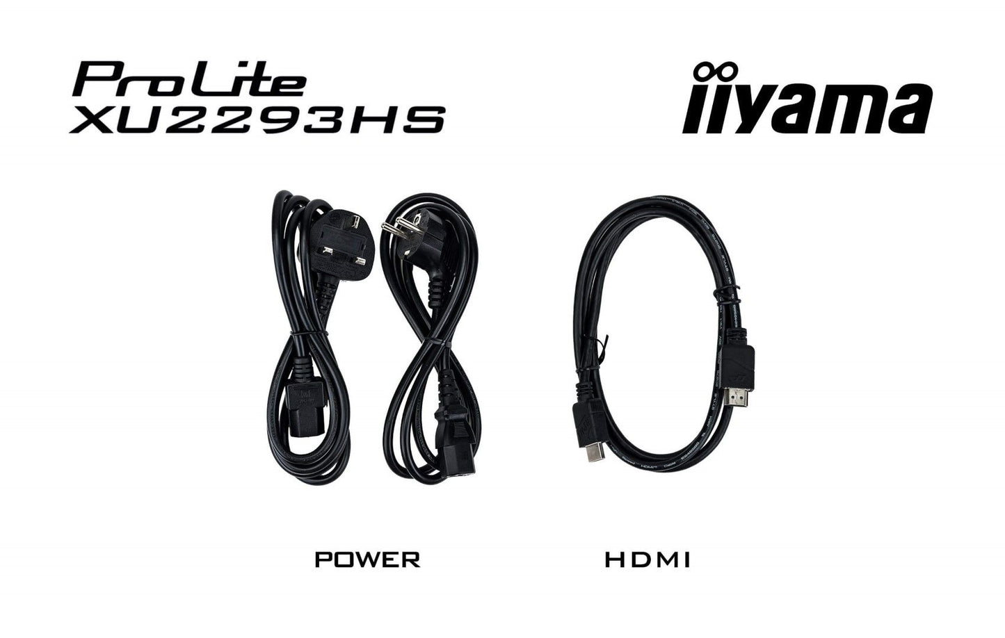 Zwarte stroomkabels en HDMI-kabel voor Iiyama ProLite XU2293HS-B6 monitor op een witte achtergrond.