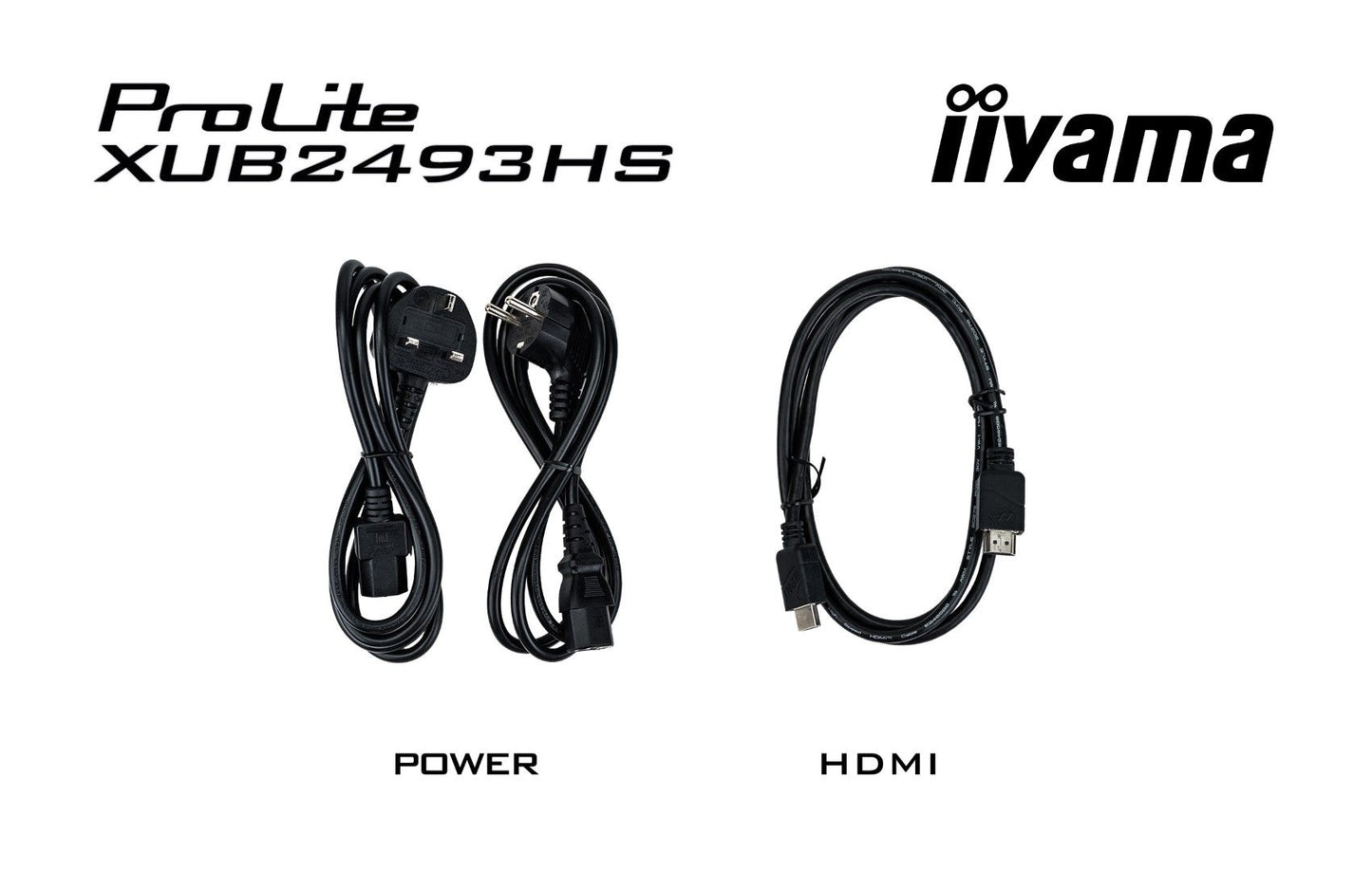 Zwarte stroomkabels en HDMI-kabel voor de Iiyama ProLite XUB2493HS-B6 monitor op een witte achtergrond.