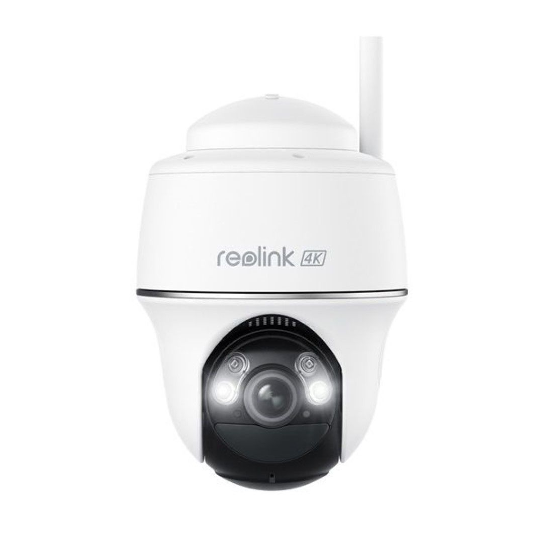 Witte Reolink B440 4K PTZ-buitencamera met draadloze antenne, spotlight en zwarte cameralens.