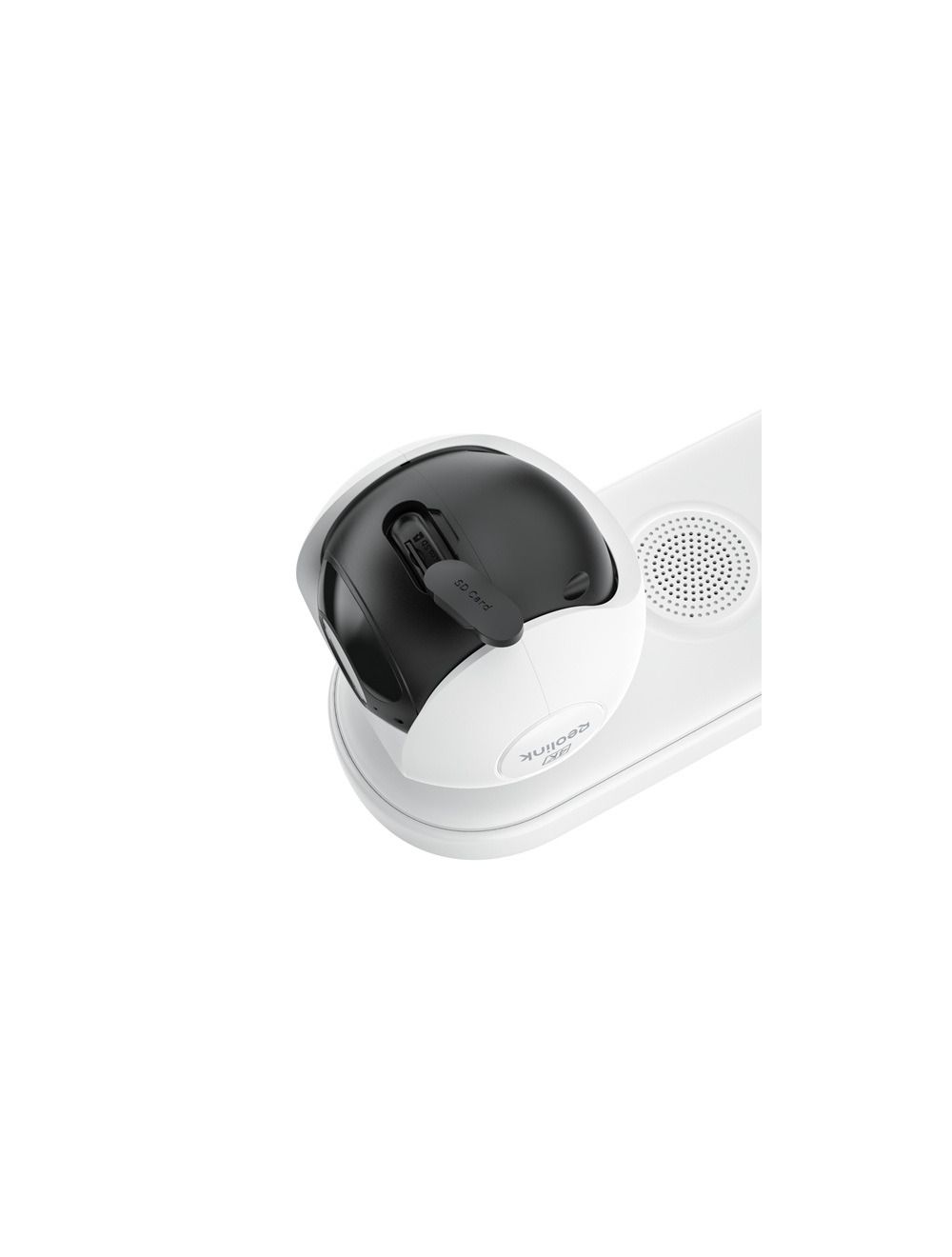 Witte Reolink B660 PTZ-buitencamera met zwarte lensbehuizing, zichtbare SD-kaartsleuf en ingebouwde luidspreker op witte basis.