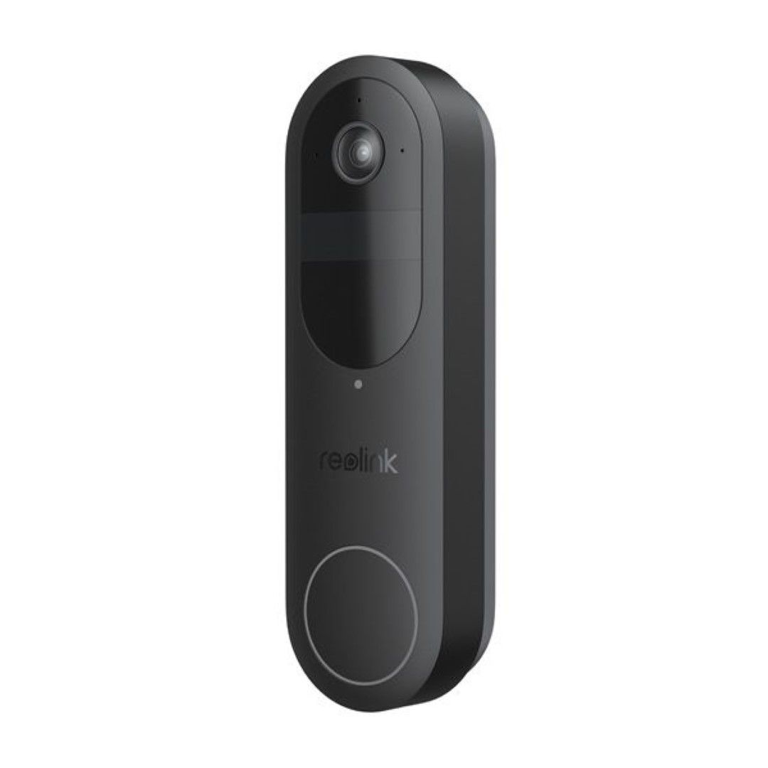 Zwarte Reolink D340B draadloze 4MP WiFi video deurbel met camera en ronde drukknop.