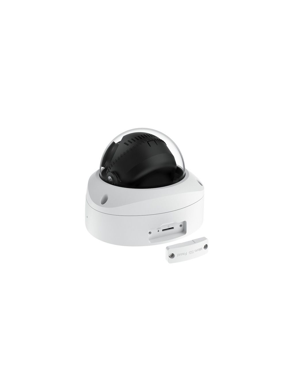 Witte Reolink Duo P757 16MP panoramische dome camera met zwarte lens en open micro-SD kaartslot.