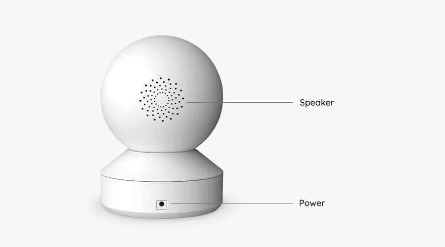 Witte Reolink E340 PTZ-camera met zichtbare speaker en stroomaansluiting aan de achterzijde.