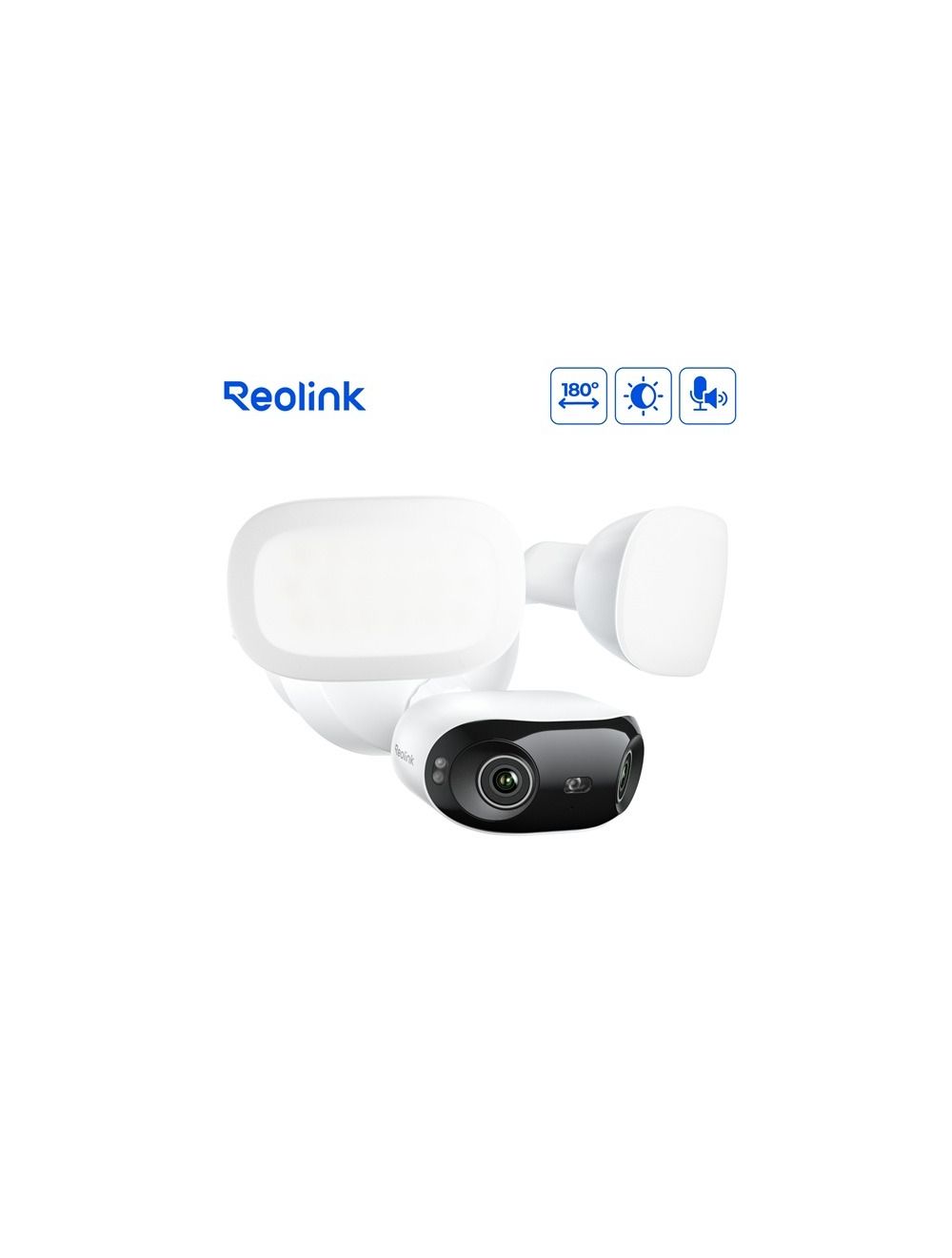 Witte Reolink F751W panoramische beveiligingscamera met dubbele LED-schijnwerpers en 180 graden lens.