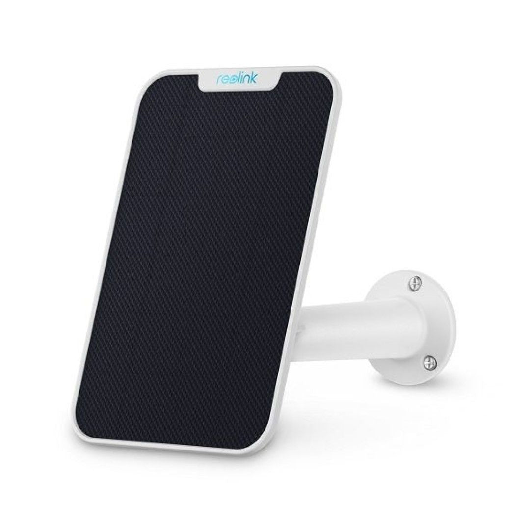 Reolink zonnepaneel met witte wandhouder voor draadloze 4G beveiligingscamera.
