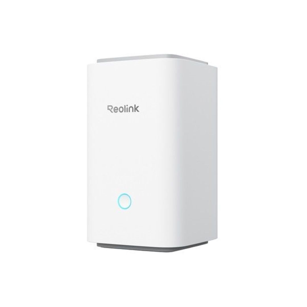 Witte Reolink Home Hub1 WiFi 6 basisstation met strak design en blauw statuslampje voor Reolink batterijcamera's.