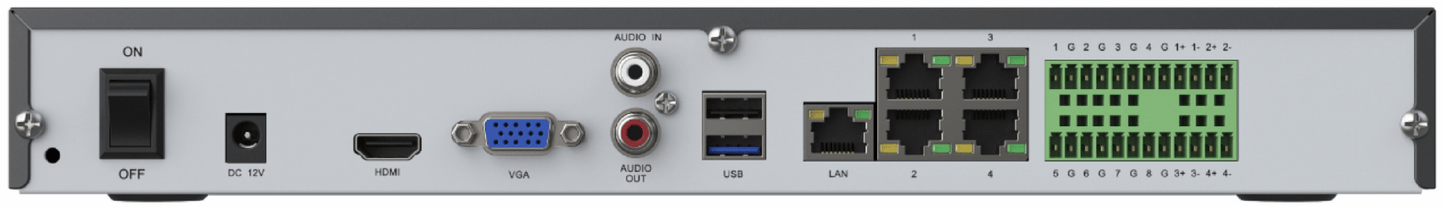 Achterpaneel van de Reolink NVS36-NHD NVR met HDMI, VGA, USB, LAN-poorten en alarm I/O-aansluitingen.