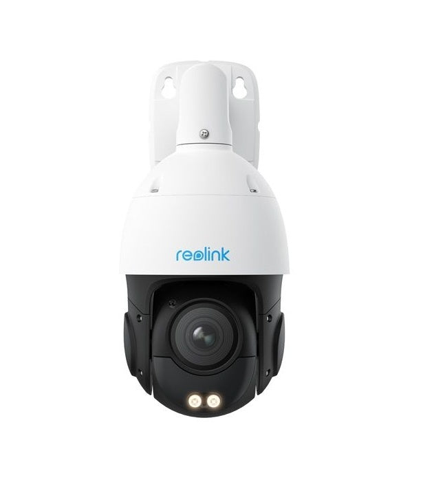 Witte Reolink P850 8MP PoE PTZ-beveiligingscamera met 16x zoom, zwarte lensmodule en ingebouwde nachtzichtverlichting.