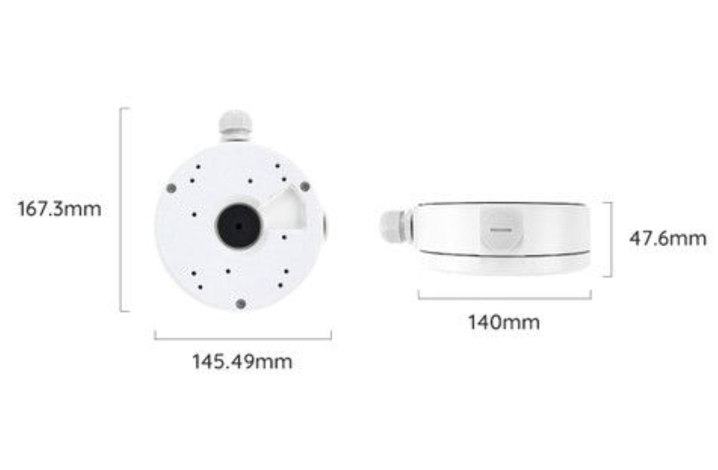 Witte Reolink RLA-JBL1-W montagebox voor dome camera's met technische afmetingen voor een nette kabelinstallatie.