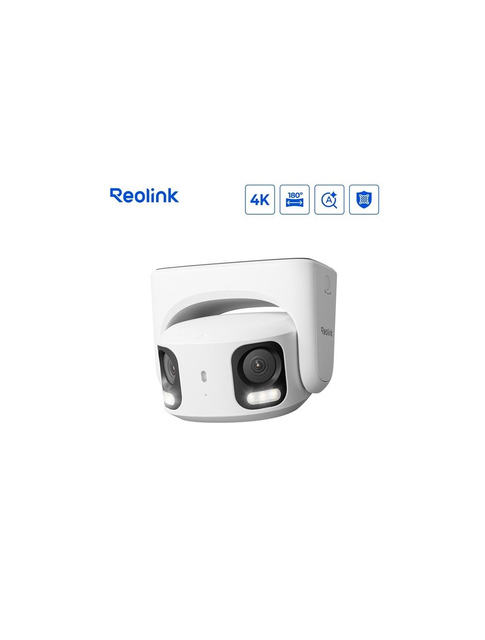 Witte Reolink 8MP dual-lens turret beveiligingscamera met 180° panoramisch beeld en ingebouwde spotlights.