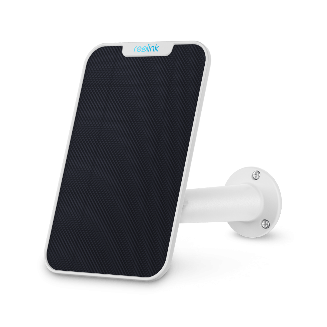Wit Reolink Zonnepaneel 2 met USB-C aansluiting en verstelbare muurbeugel voor batterijcamera's.