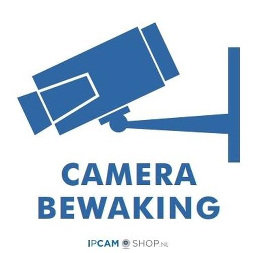 Vierkante blauw-witte camerabewaking sticker van 6x6 cm voor bevestiging aan de binnenkant van een raam.
