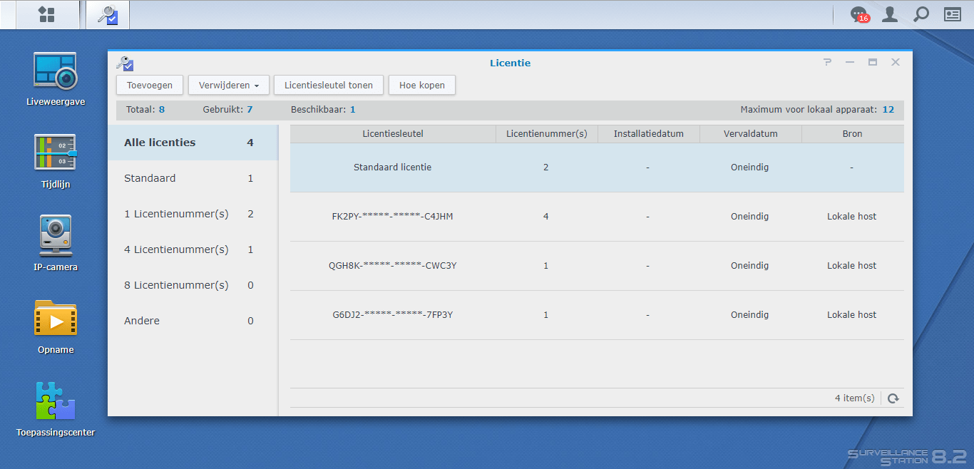 Synology Surveillance Station licentiebeheer venster met overzicht van actieve IP-cameralicenties en licentiesleutels.