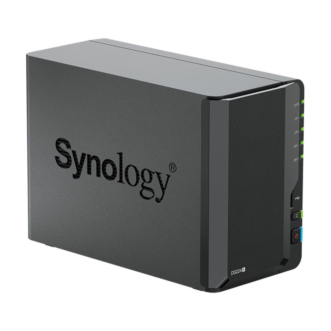 Zwarte Synology DS224+ 2-bay NAS met led-indicatielampjes en een strak, compact behuizingsontwerp.