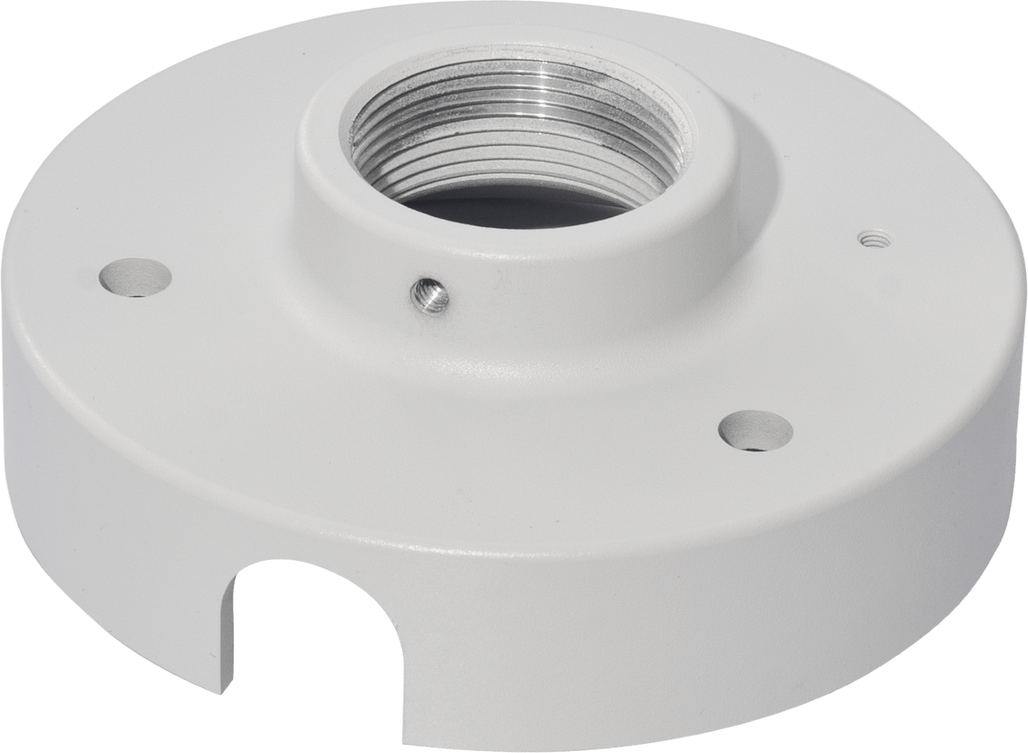 Witte ronde Vivotek AM-118 montageadapter met schroefdraad voor dome camera's, diameter 140mm en hoogte 55mm.