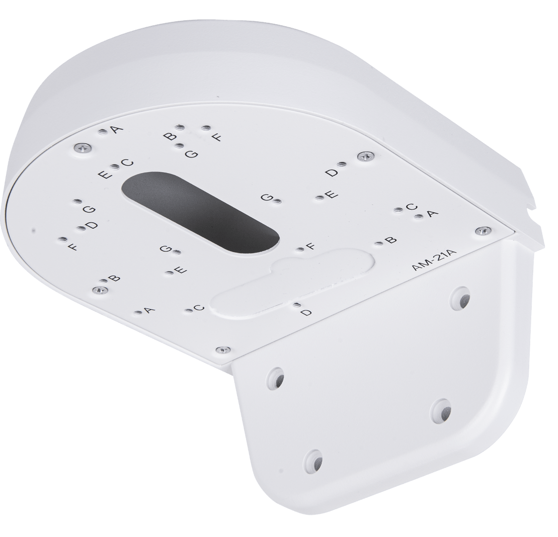 Witte Vivotek AM-21A montagebeugel voor beveiligingscamera's met diverse montagepunten en schroefgaten.