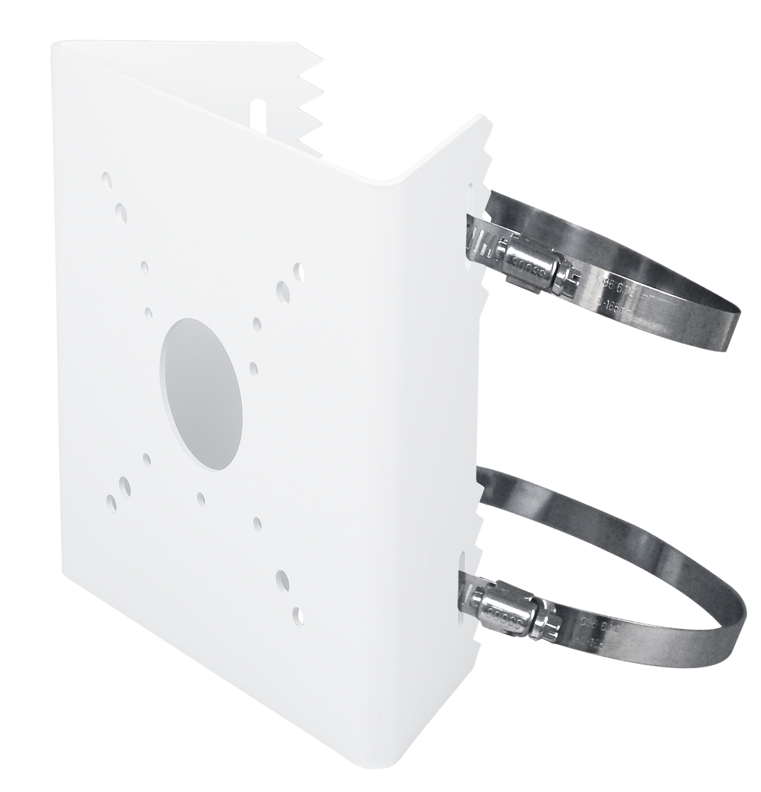 Witte Vivotek AM-312 V04 verstelbare montagearm voor beveiligingscamera's met metalen bevestigingsbanden.