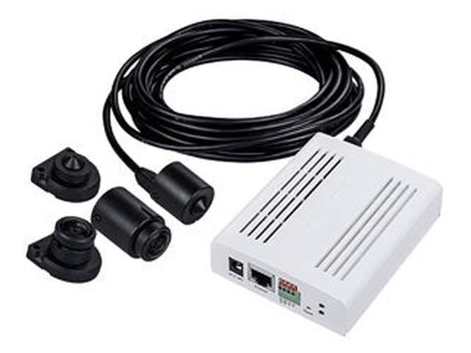 Vivotek CU9171-H covert 4MP pinhole camera met witte behuizing, zwarte lensmodules en aansluitkabel.